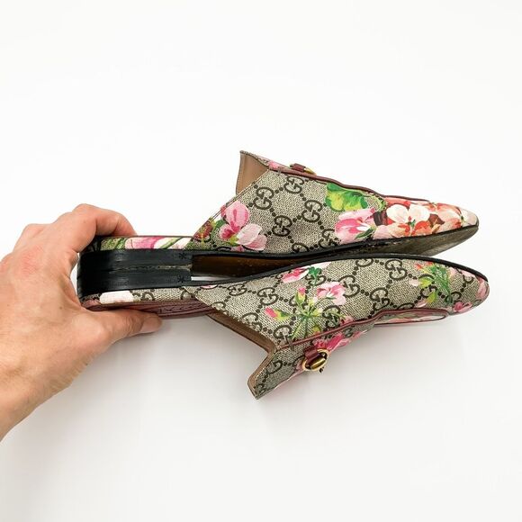 Gucci Princetown Pink Bloom Supreme GG Horsebit Mules Slippers Canvas Loafers - Picture 8 of 12